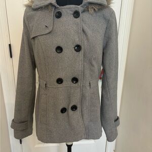 Gray Double-Breasted Coat with Fur Trim